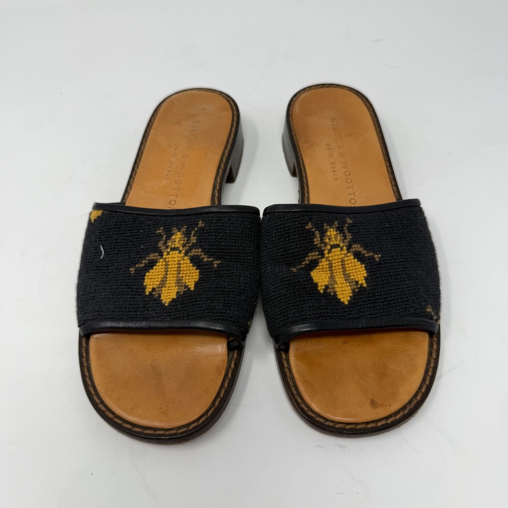 Stubbs & Wootton Bee Needlepoint Slide Sandal Black Yellow Women Size 6.5